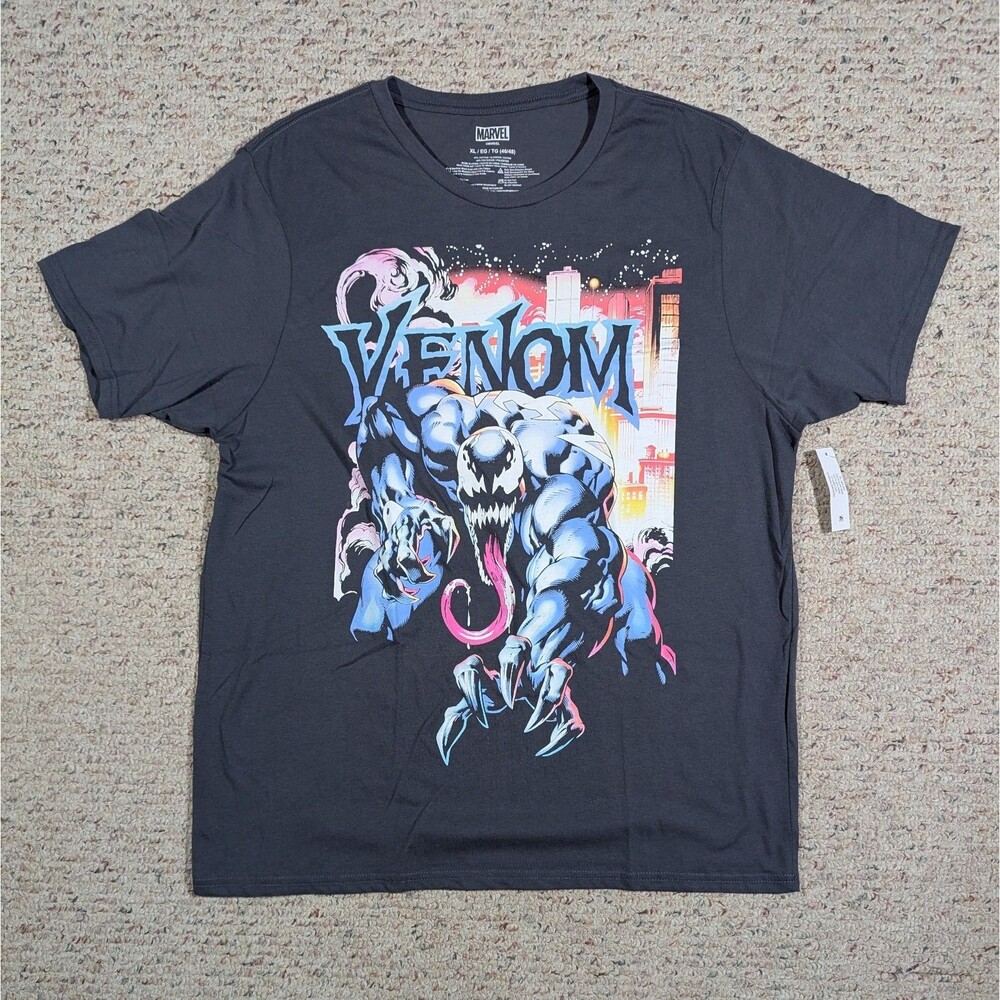Marvel Venom T-Shirt Mens XL Charcoal City Aflame Graphic Comic Book Tee NWT